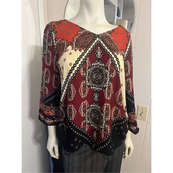 Fig and Flower Anthropologie silky V-Neck Earth Tone 3/4 Sleeve Tunic M - Picture 1 of 6